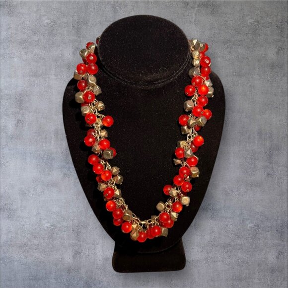 Vintage Red Beaded Statement Necklace With Gold-Tone Chain & Adjustable Clasp - Picture 1 of 6